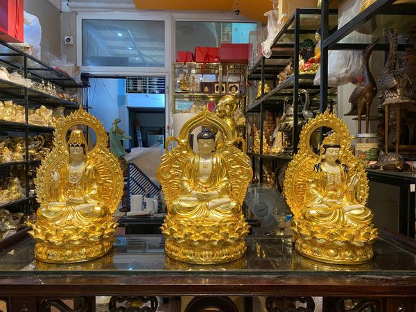 Tượng tây Phương Tam Thánh cao 43cm nặng 38kg dát vàng 24k, vẽ màu