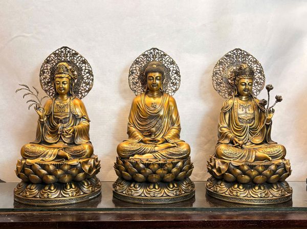 Tượng tây phương tam thánh bằng đồng cao 45cm màu hun nâu