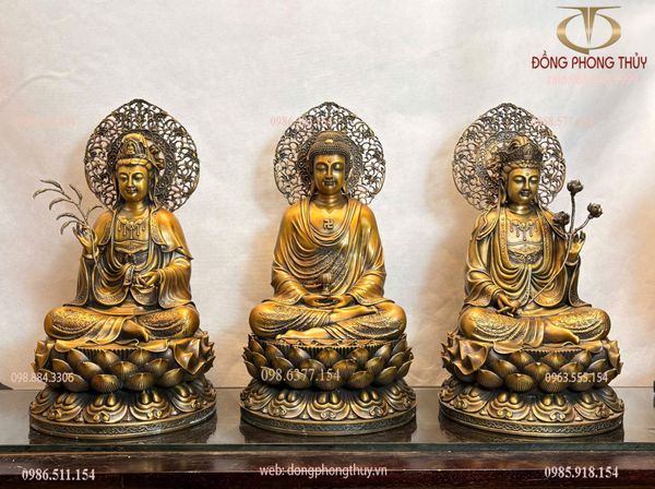 Tượng tây phương tam thánh bằng đồng cao 45cm màu hun nâu