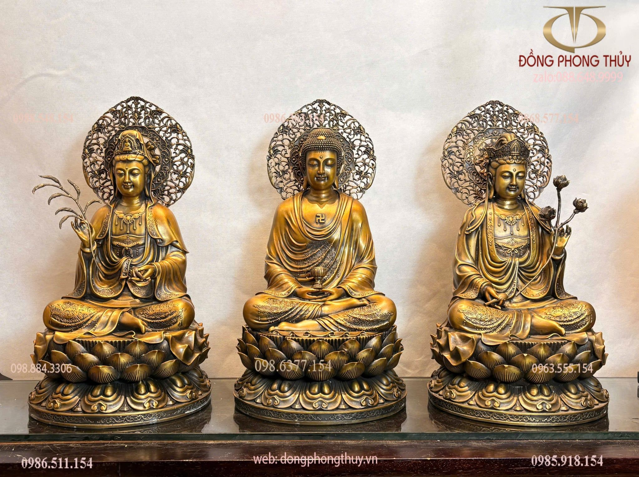 Tượng tây phương tam thánh bằng đồng cao 45cm màu hun nâu