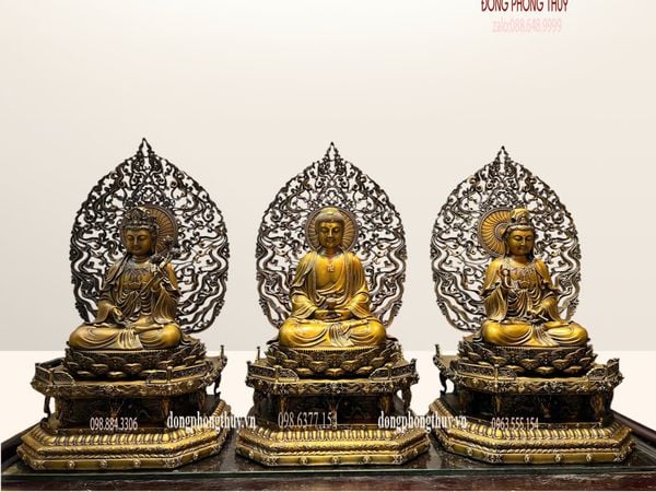 Tượng Tây Phương Tam Thánh ngồi bằng đồng cao 62cm