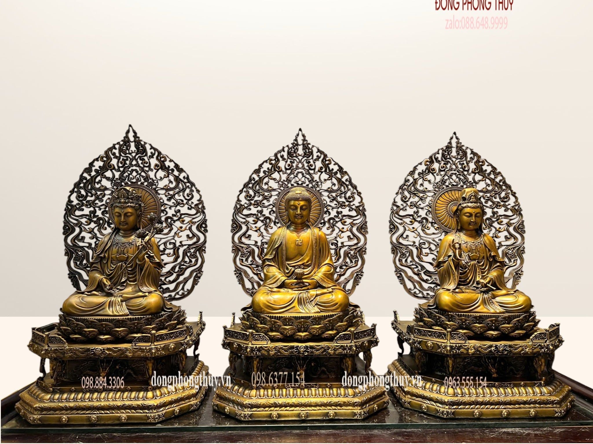 Tượng Tây Phương Tam Thánh ngồi bằng đồng cao 62cm
