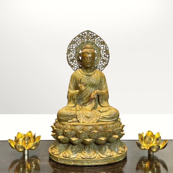 Tượng phật thích ca chuyển pháp luân bằng đồng patina
