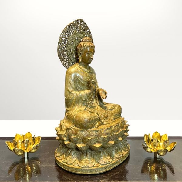 Tượng phật thích ca chuyển pháp luân bằng đồng patina