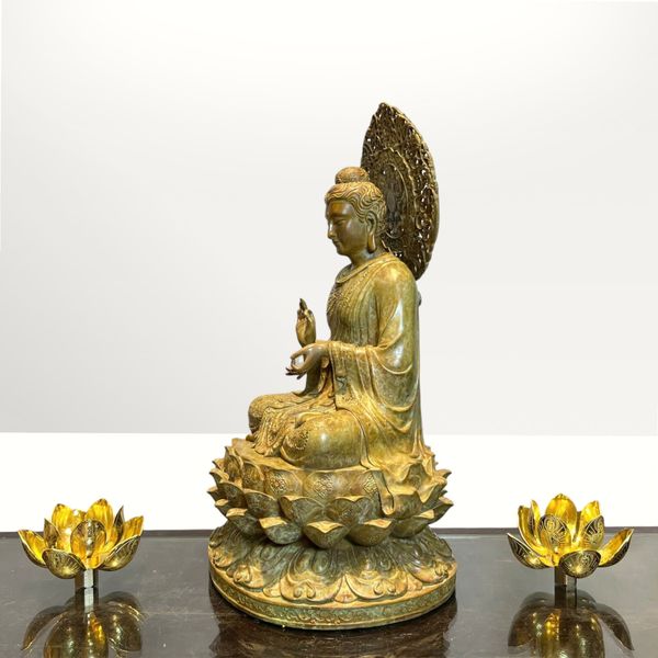 Tượng phật thích ca chuyển pháp luân bằng đồng patina