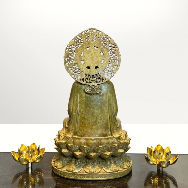 Tượng phật thích ca chuyển pháp luân bằng đồng patina