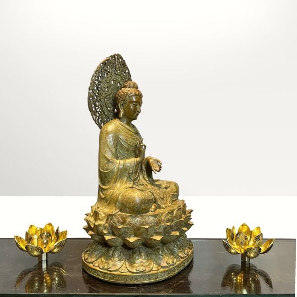Tượng phật thích ca chuyển pháp luân bằng đồng patina