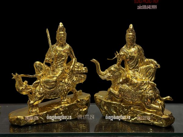 Hoa nghiêm tam thánh bằng đồng dát vàng nano