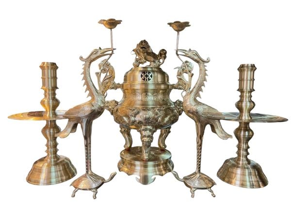 Bộ đỉnh đồng Ngũ sự cát tút song long chầu nguyệt cao 60cm