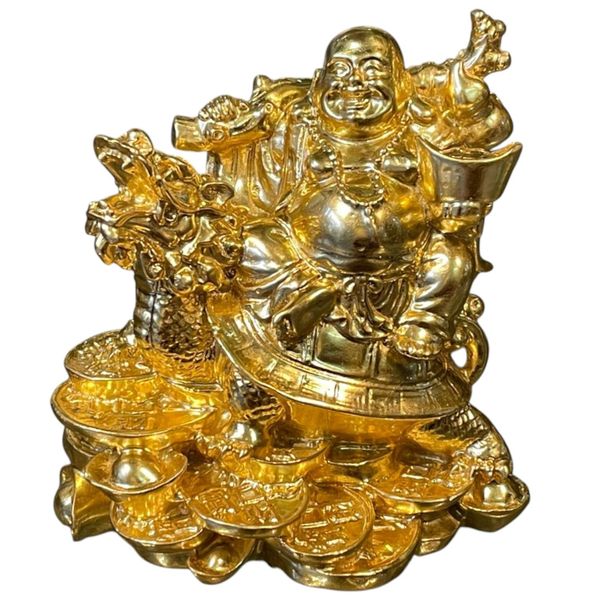 tượng phật di lặc cưỡi long quy gánh tiền dát vàng 24k Cao 12