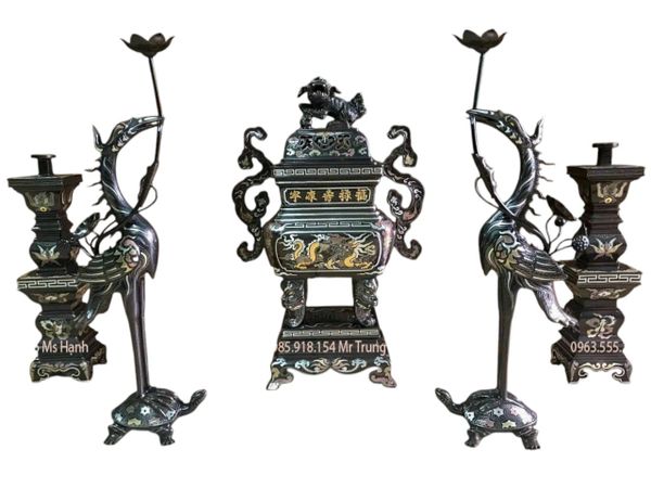 bộ đỉnh đồng vuông dáng cổ khảm ngũ sắc 5 chữ vàng