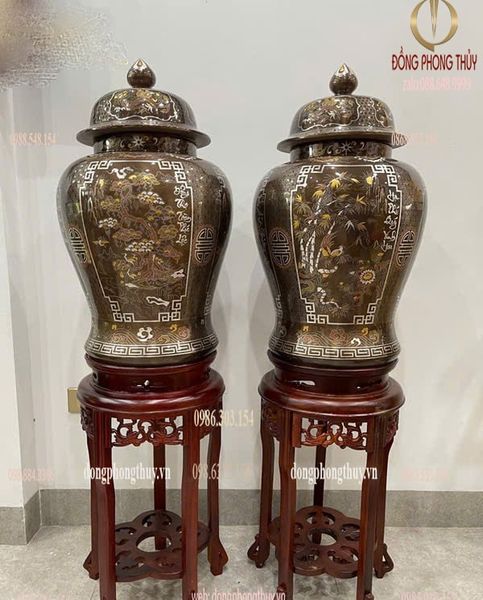 Đôi chóe đồng đỏ khảm ngũ sắc
