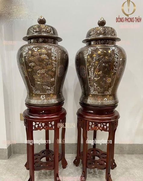 Đôi chóe đồng đỏ khảm ngũ sắc