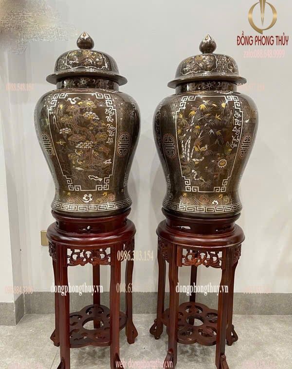 Đôi chóe đồng đỏ khảm ngũ sắc