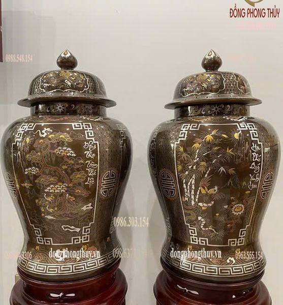 Đôi chóe đồng đỏ khảm ngũ sắc