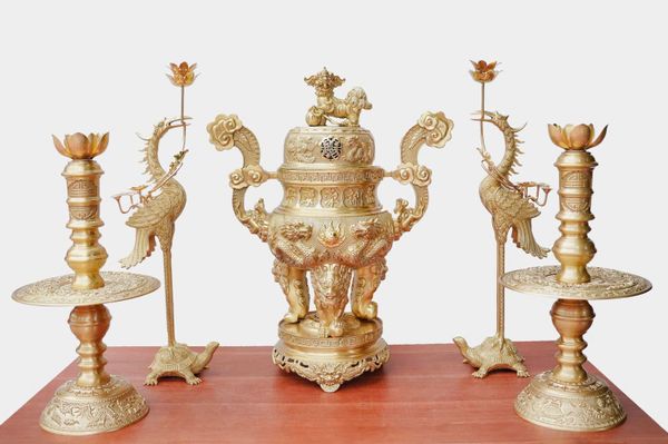 Bộ đỉnh đồng ngũ sự 65cm lưỡng long chầu nguyệt 34kg