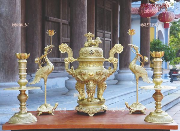 Bộ đỉnh đồng ngũ sự 65cm lưỡng long chầu nguyệt 34kg