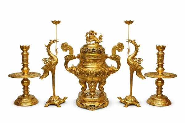 Bộ đỉnh đồng ngũ sự 80cm đồng cát tút dát vàng 24k