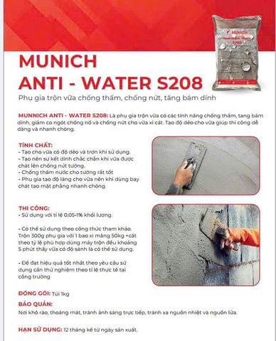  Munich Anti-Water S208 – Phụ gia trộn vữa trát 