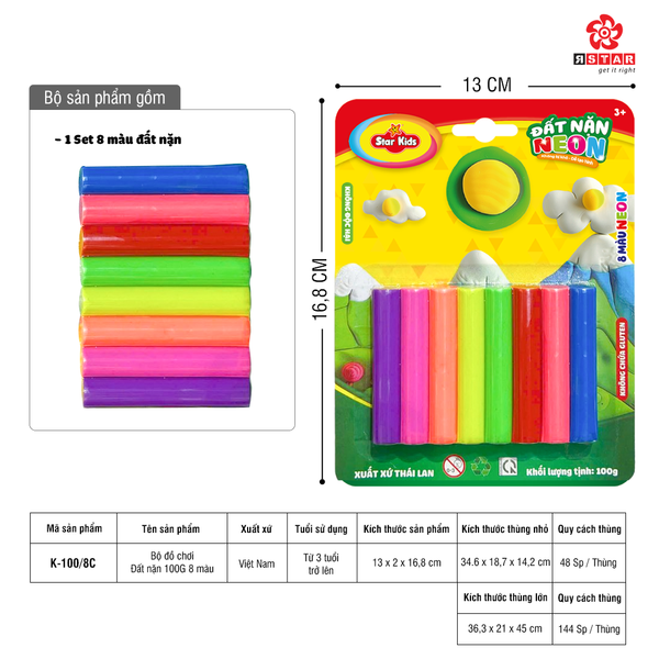  K-100/8C BỘ ĐỒ CHƠI ĐẤT NẶN 100G 8 MÀU 