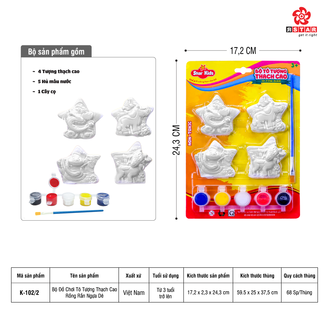  K-102/2 Bộ Đồ Chơi Tô Tượng Thạch Cao Rồng Rắn Ngựa Dê 