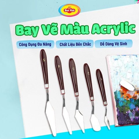  Bộ 5 Bay Vẽ Màu Acrylic Cán Gỗ Star Kids, Thép Không Gỉ, Dụng Cụ Trộn màu, Màu Sơn Dầu, Đa Năng 