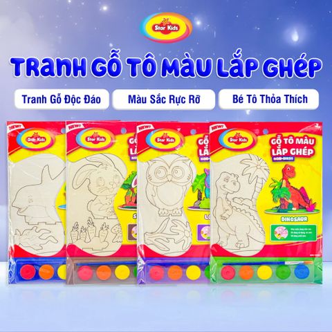  Tranh Gỗ Tô Màu Lắp Ghép Hình Động Vật Star Kids, 5 Màu Nước, 1 Cọ Tô Màu Sáng Tạo, An Toàn Cho Bé 