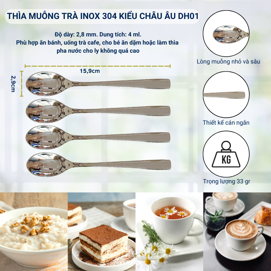 Bộ 4 Thìa Muỗng Inox 304 DandiHome - Thìa Muỗng Ăn Cơm, Ăn Phở, Ăn Soup, Thìa Trà, Cà Phê Cao Cấp