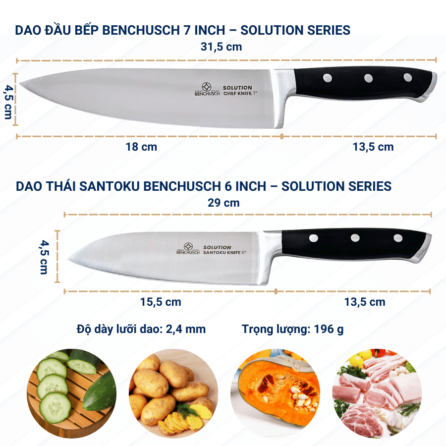 Bộ 02 Dao Nhà Bếp Benchusch Solution Series - Dao Đầu Bếp 7 Inch & Dao Santoku 6 Inch