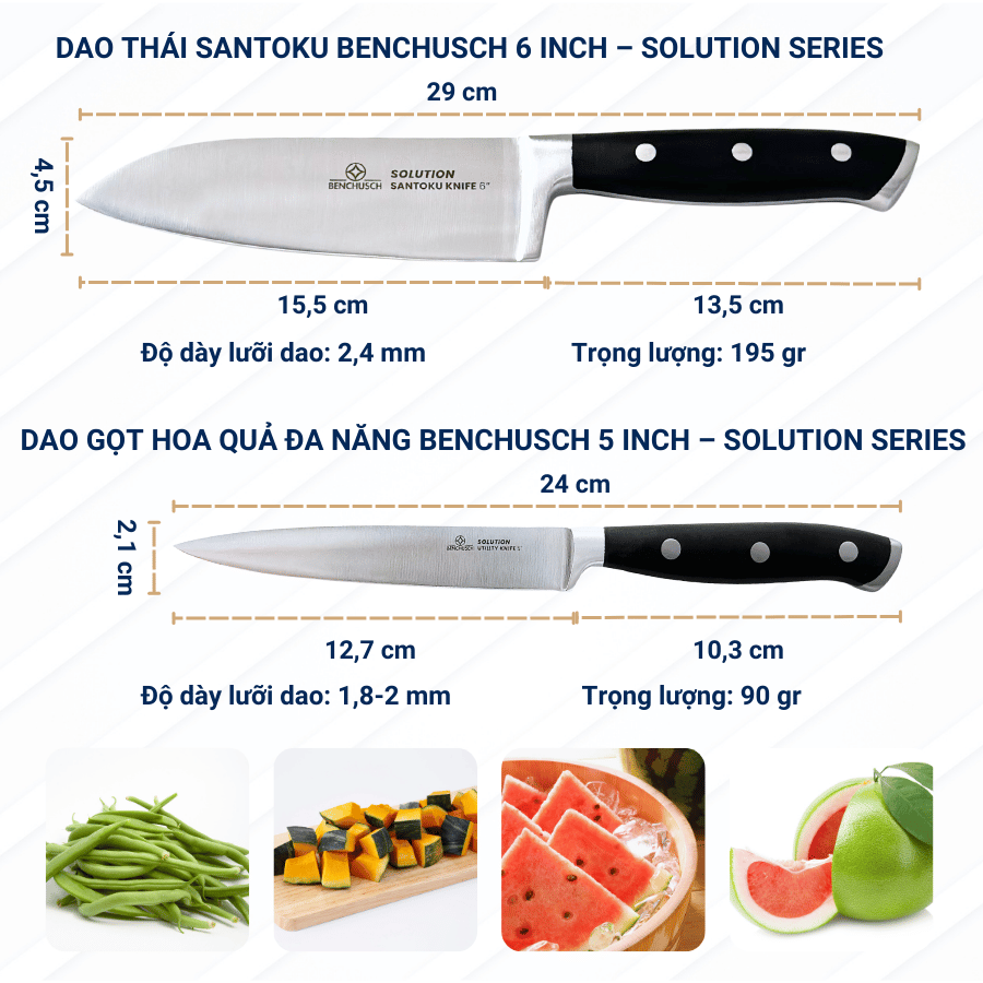 Bộ 02 Dao Nhà Bếp Benchusch Solution Series - Dao Santoku 6 Inch & Dao Gọt 5 Inch