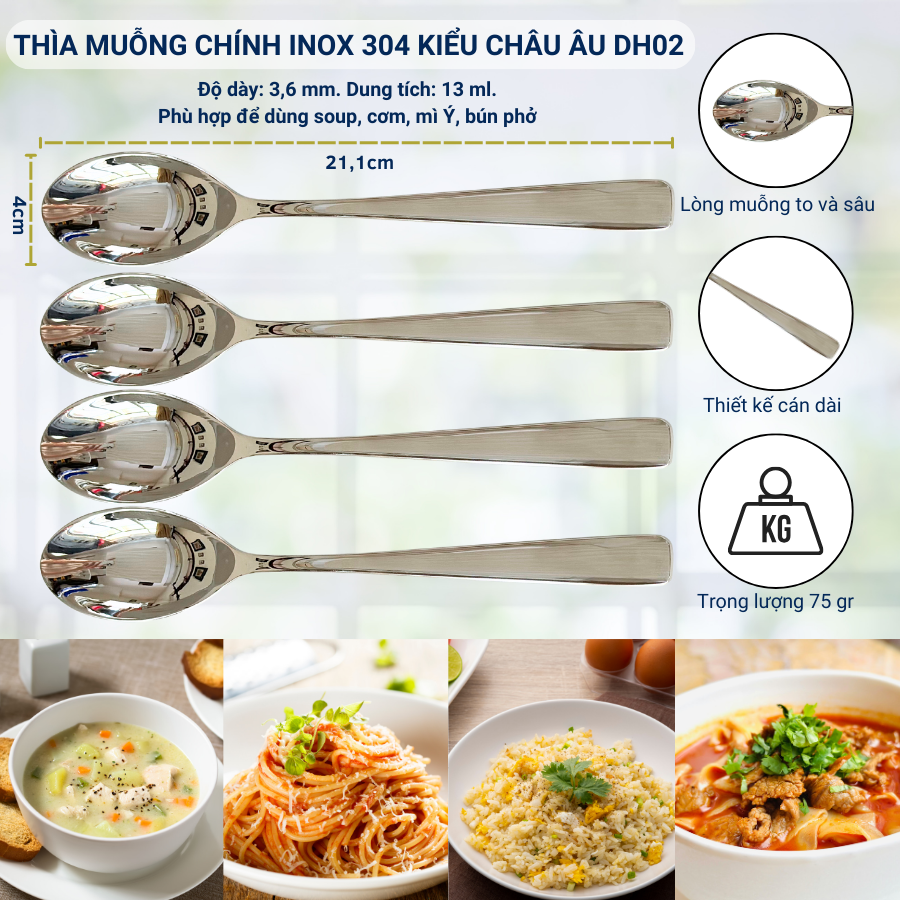 Bộ 4 Thìa Muỗng Inox 304 DandiHome - Thìa Muỗng Ăn Cơm, Ăn Phở, Ăn Soup, Thìa Trà, Cà Phê Cao Cấp