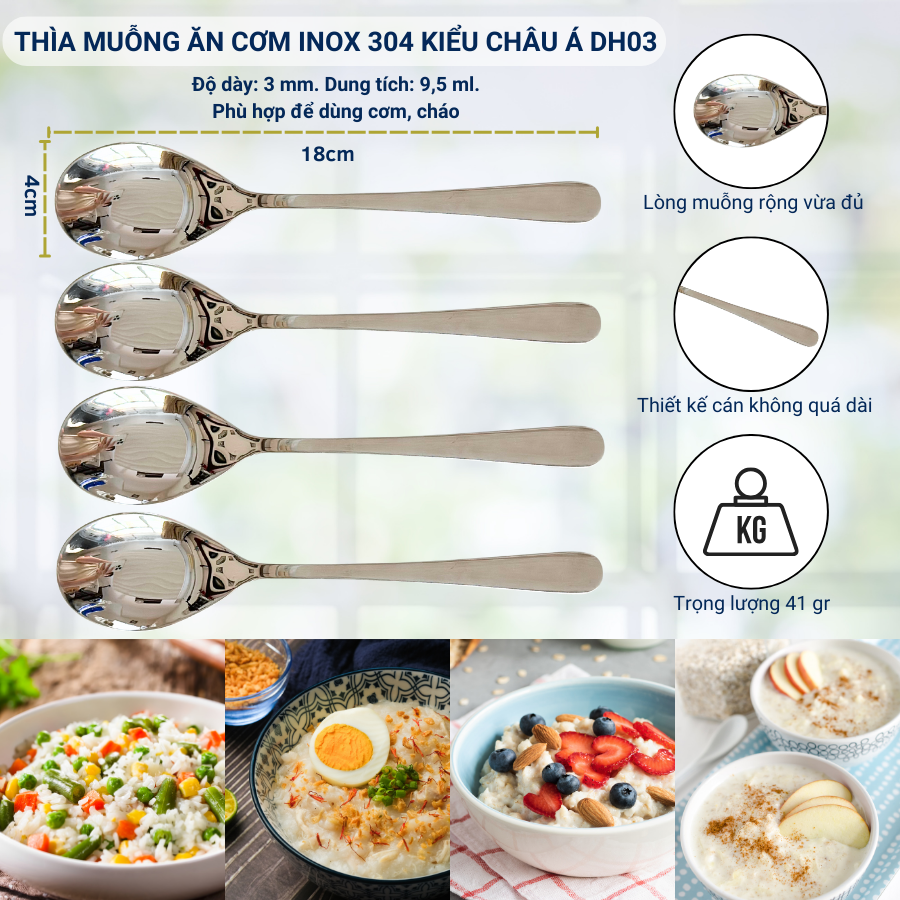 Bộ 4 Thìa Muỗng Inox 304 DandiHome - Thìa Muỗng Ăn Cơm, Ăn Phở, Ăn Soup, Thìa Trà, Cà Phê Cao Cấp