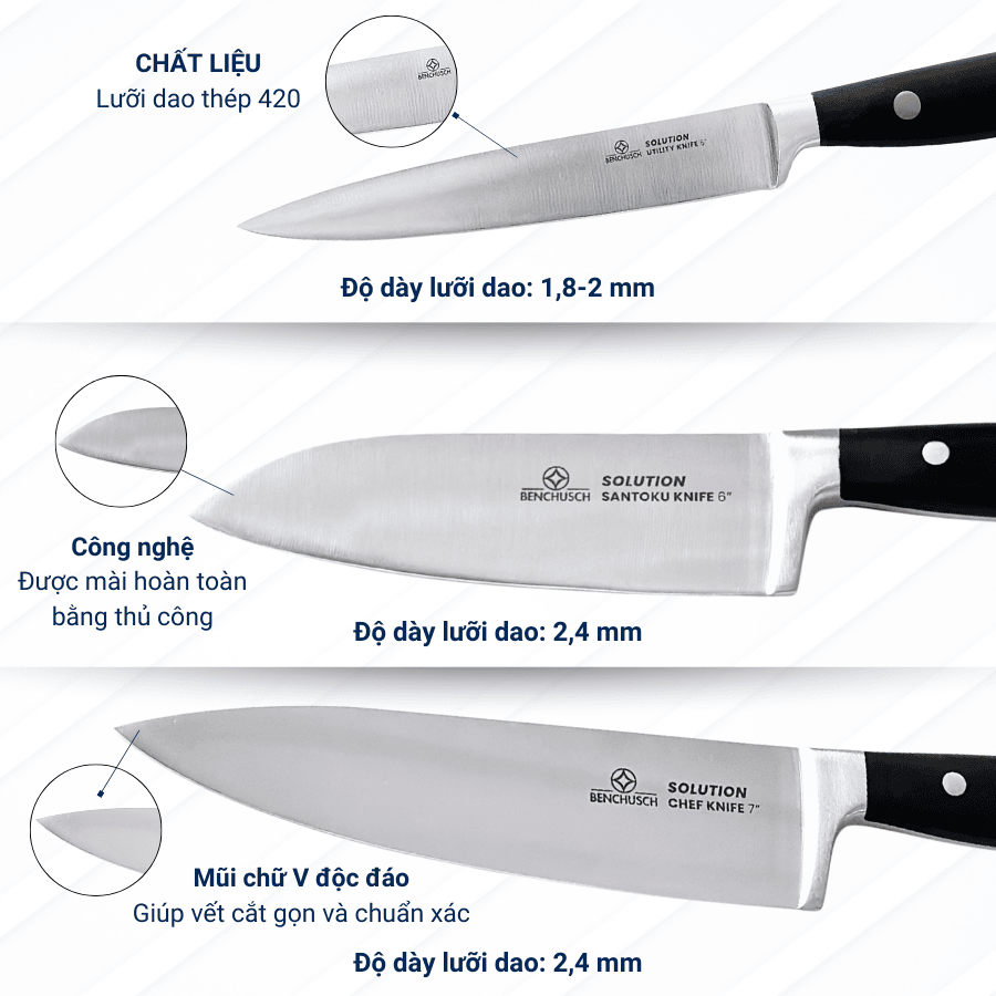 Bộ 03 Dao Nhà Bếp Benchusch Solution Series Cắt Thái Đa Năng - Thép Không Gỉ - Cán Nhựa - Chống Trơn Trượt