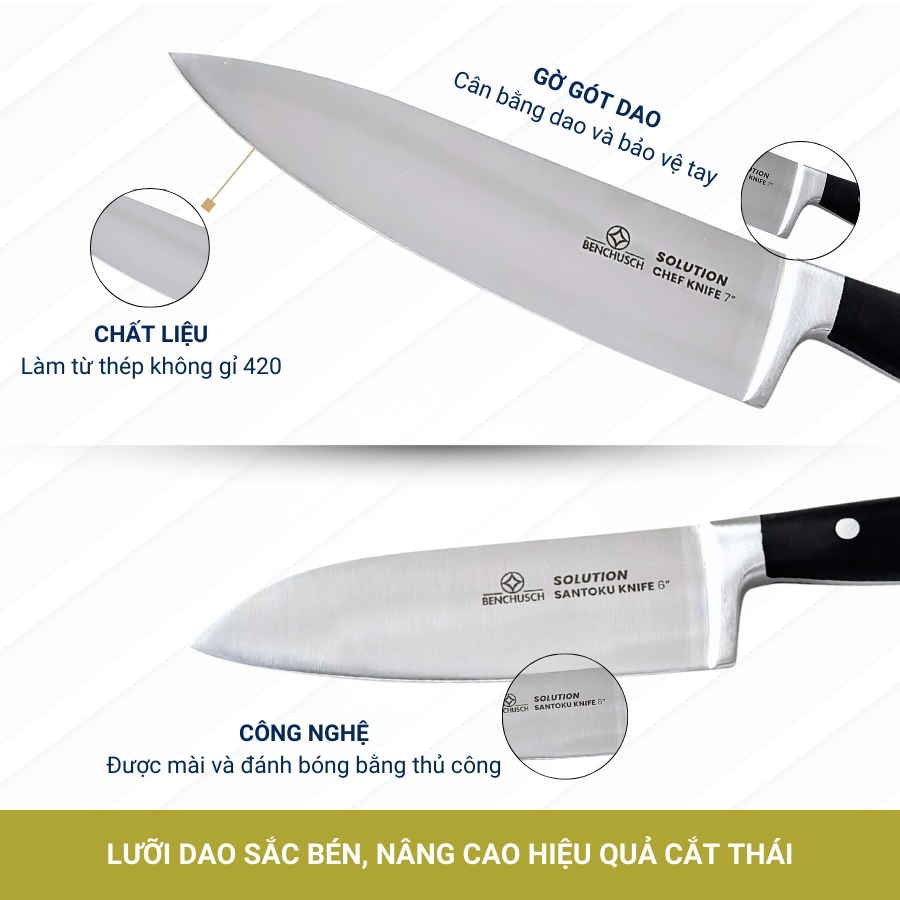 Bộ 02 Dao Nhà Bếp Benchusch Solution Series - Dao Đầu Bếp 7 Inch & Dao Santoku 6 Inch