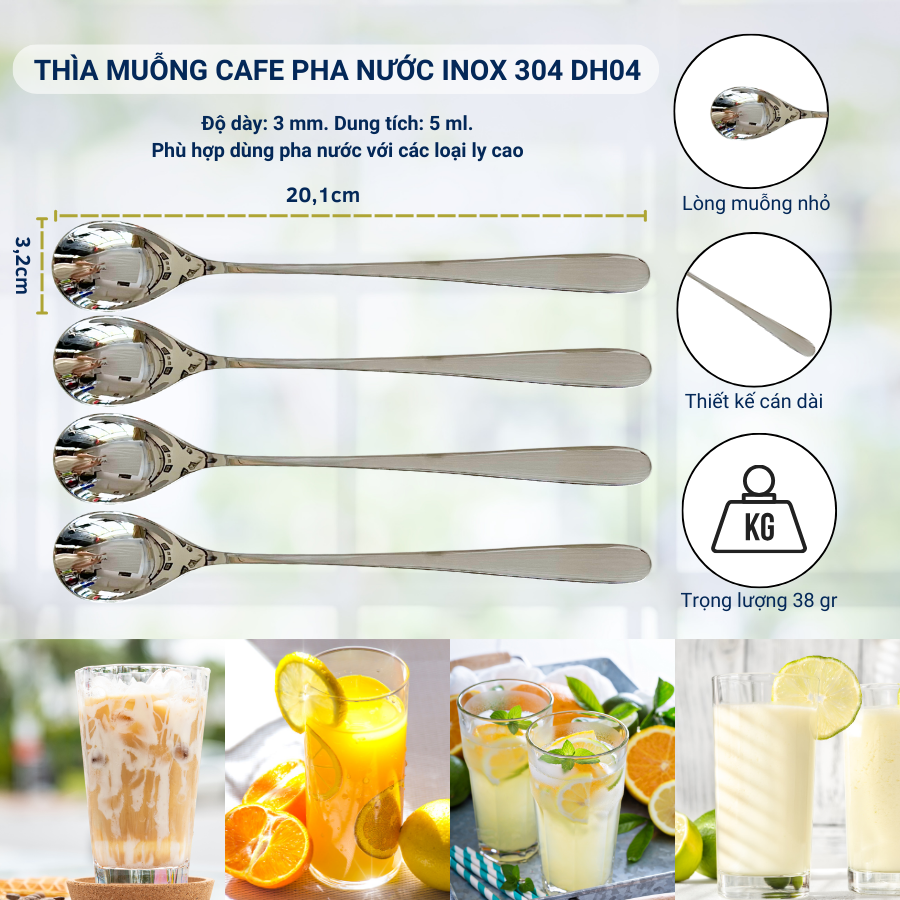 Bộ 4 Thìa Muỗng Inox 304 DandiHome - Thìa Muỗng Ăn Cơm, Ăn Phở, Ăn Soup, Thìa Trà, Cà Phê Cao Cấp