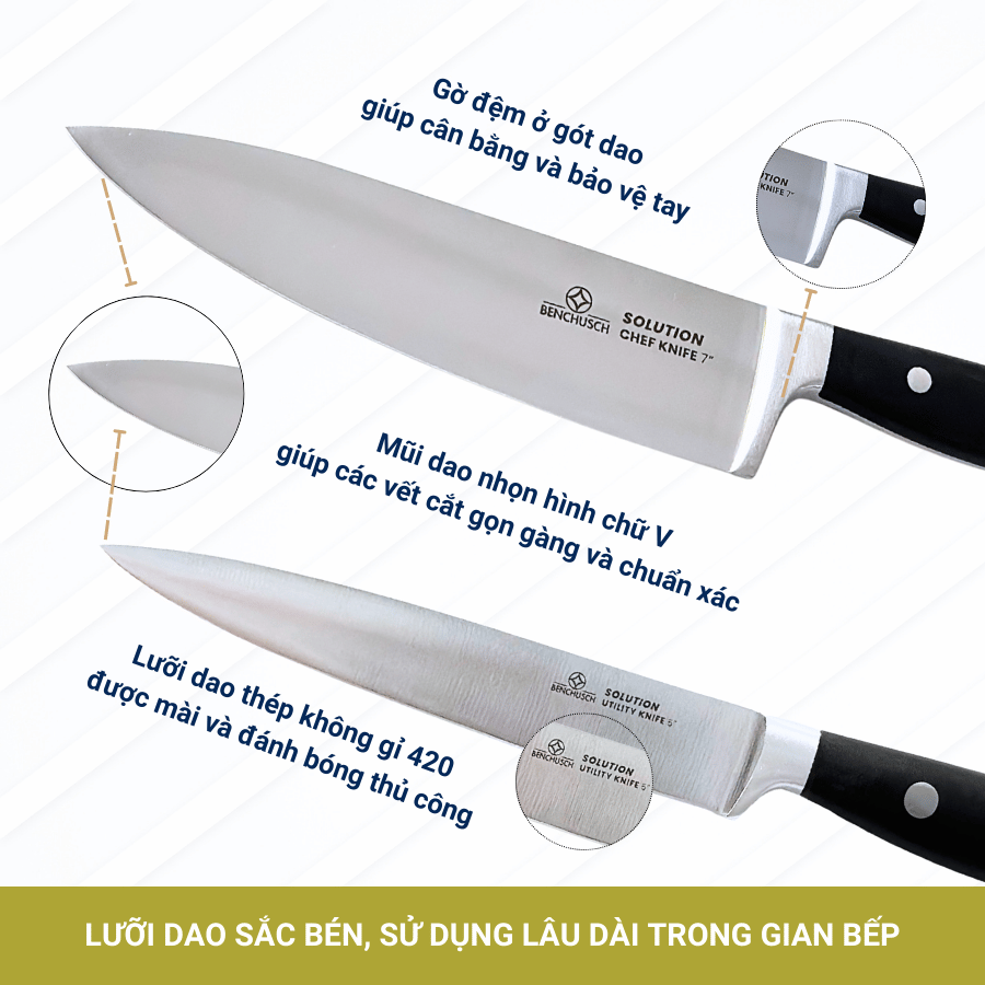 Bộ 02 Dao Nhà Bếp Benchusch Solution Series - Dao Đầu Bếp 7 Inch & Dao Gọt 5 Inch