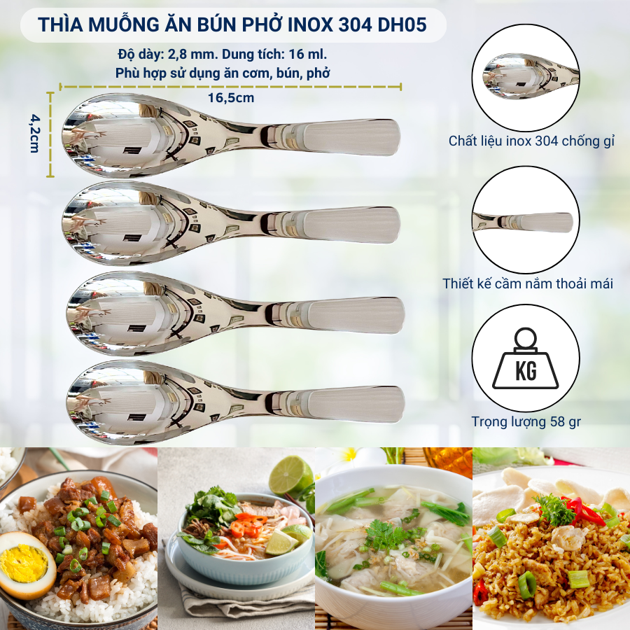 Bộ 4 Thìa Muỗng Inox 304 DandiHome - Thìa Muỗng Ăn Cơm, Ăn Phở, Ăn Soup, Thìa Trà, Cà Phê Cao Cấp