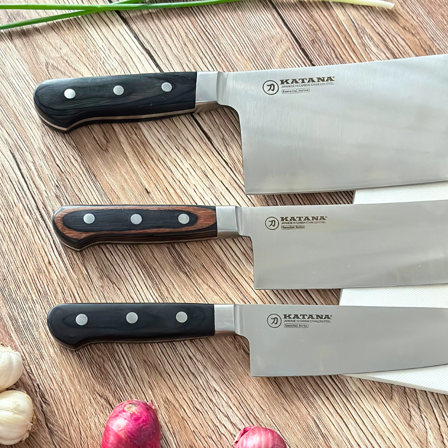 Bộ 03 Dao Bếp Cao Cấp Katana Essential - Dao Chặt 200mm & Dao Bếp Santoku 165mm & Dao Thái Nakiri 180mm – KATA201-203-206