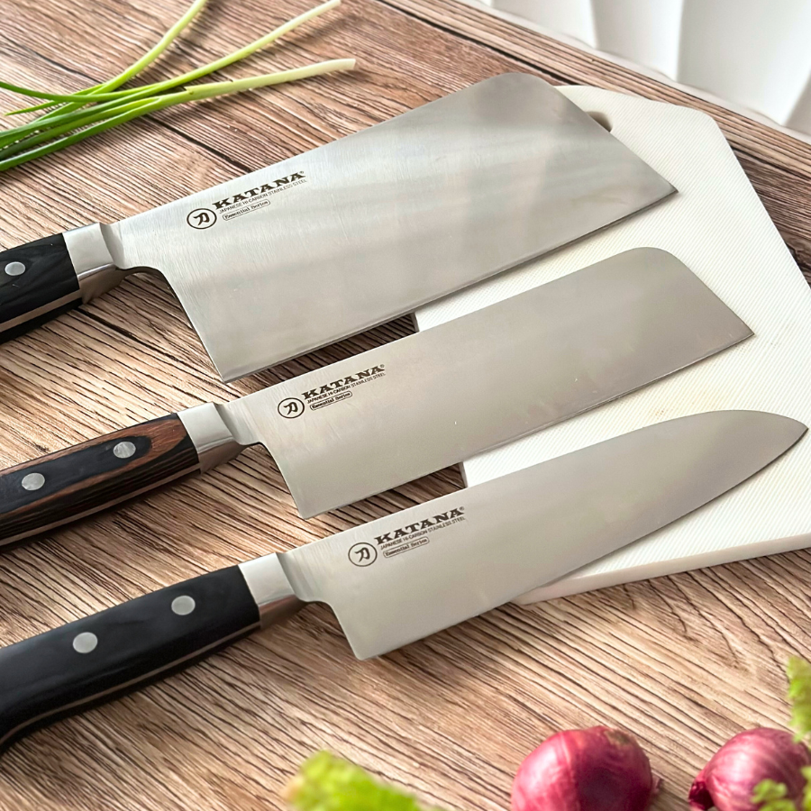 Bộ 03 Dao Bếp Cao Cấp Katana Essential - Dao Chặt 200mm & Dao Bếp Santoku 165mm & Dao Thái Nakiri 180mm – KATA201-203-206