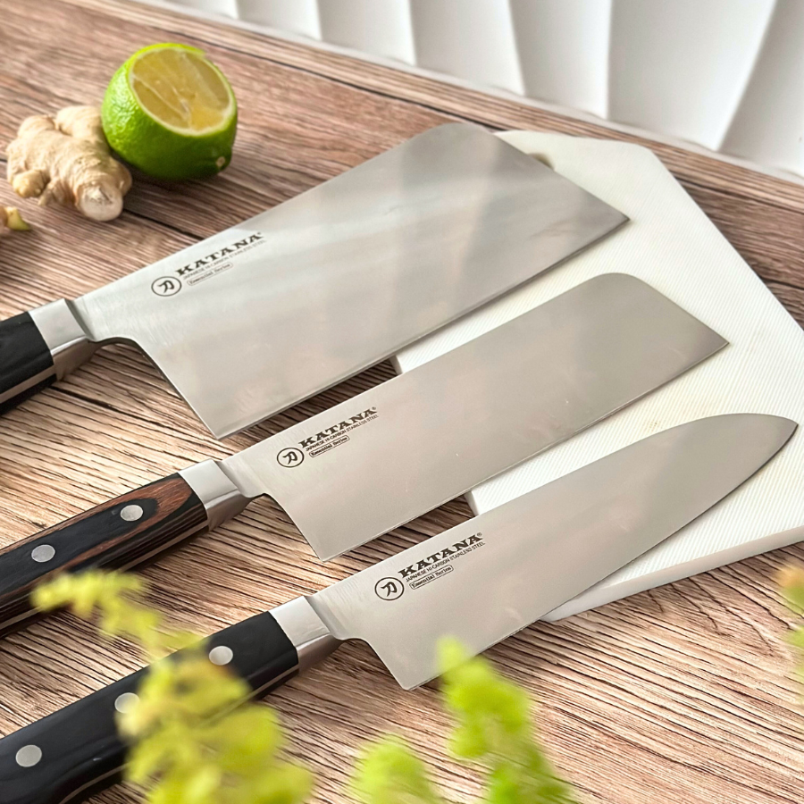 Bộ 03 Dao Bếp Cao Cấp Katana Essential - Dao Chặt 200mm & Dao Bếp Santoku 165mm & Dao Thái Nakiri 180mm – KATA201-203-206