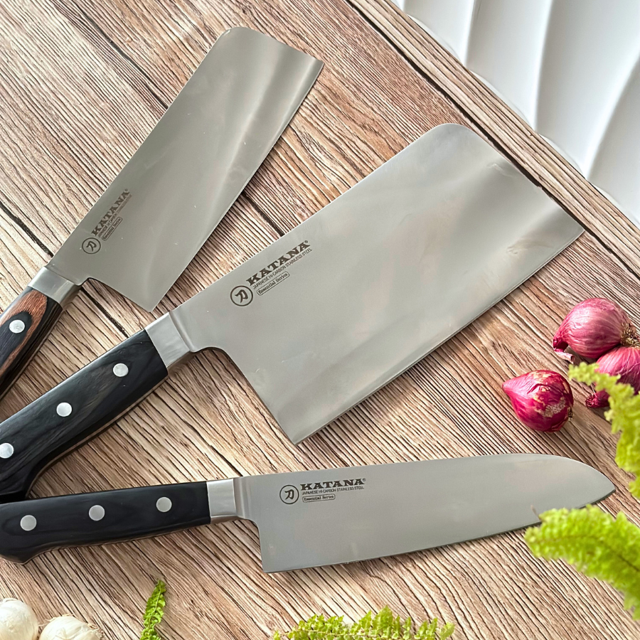 Bộ 03 Dao Bếp Cao Cấp Katana Essential - Dao Chặt 200mm & Dao Bếp Santoku 165mm & Dao Thái Nakiri 180mm – KATA201-203-206