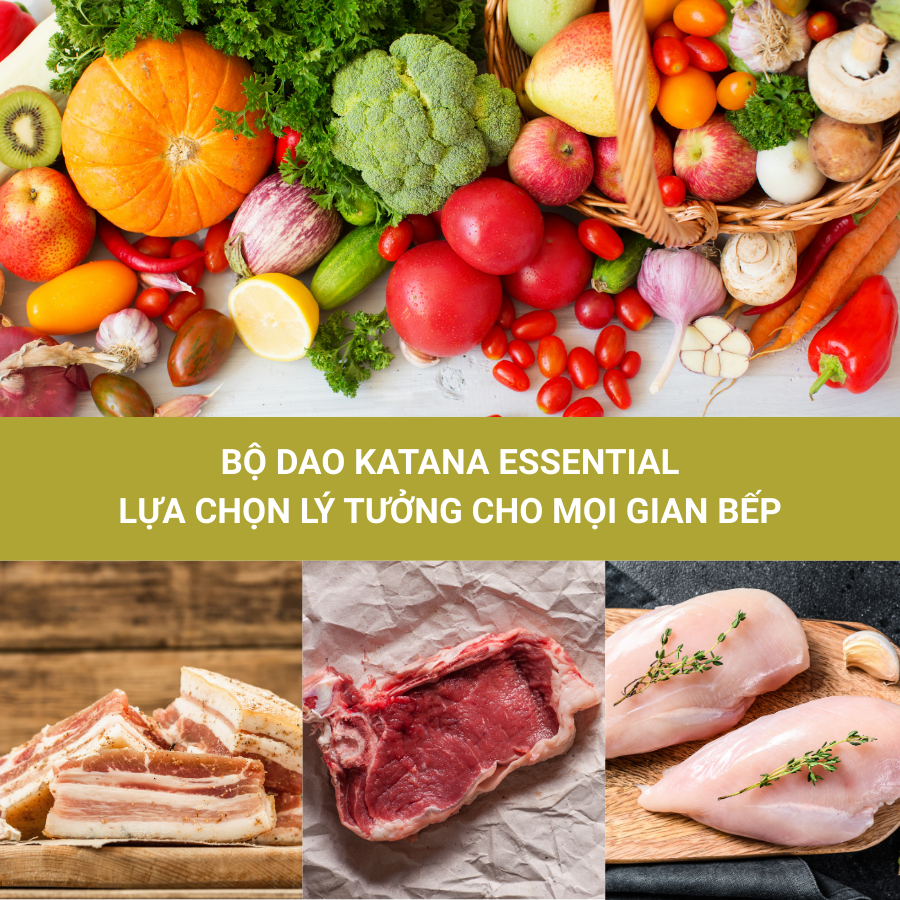 Bộ 03 Dao Bếp Cao Cấp Katana Essential - Dao Chặt 200mm & Dao Bếp Santoku 165mm & Dao Thái Nakiri 180mm – KATA201-203-206