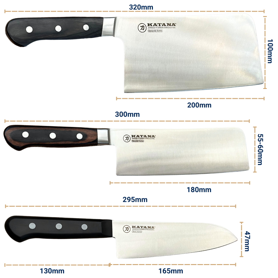 Bộ 03 Dao Bếp Cao Cấp Katana Essential - Dao Chặt 200mm & Dao Bếp Santoku 165mm & Dao Thái Nakiri 180mm – KATA201-203-206