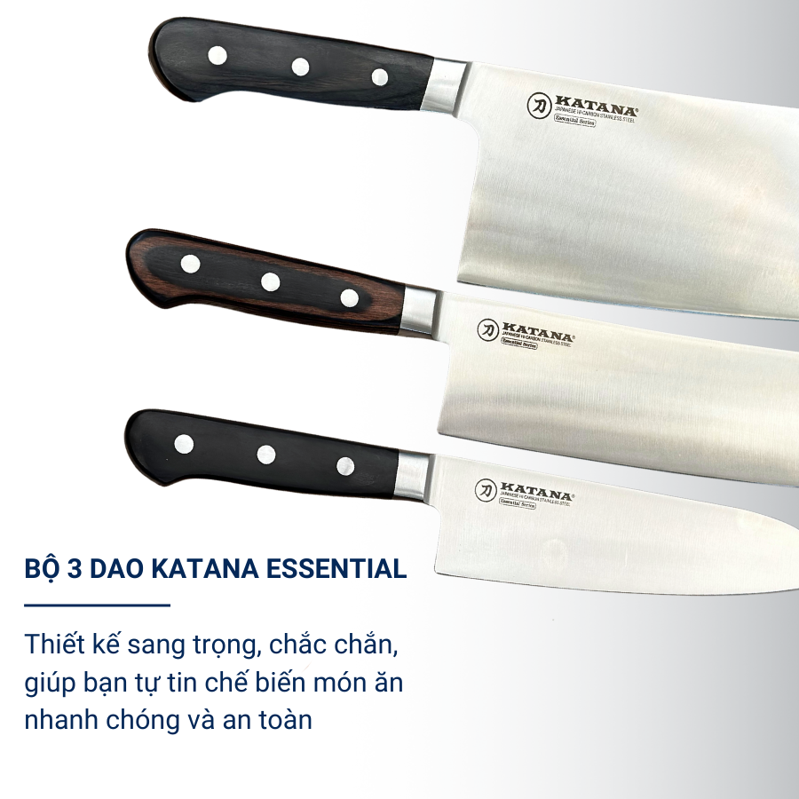 Bộ 03 Dao Bếp Cao Cấp Katana Essential - Dao Chặt 200mm & Dao Bếp Santoku 165mm & Dao Thái Nakiri 180mm – KATA201-203-206