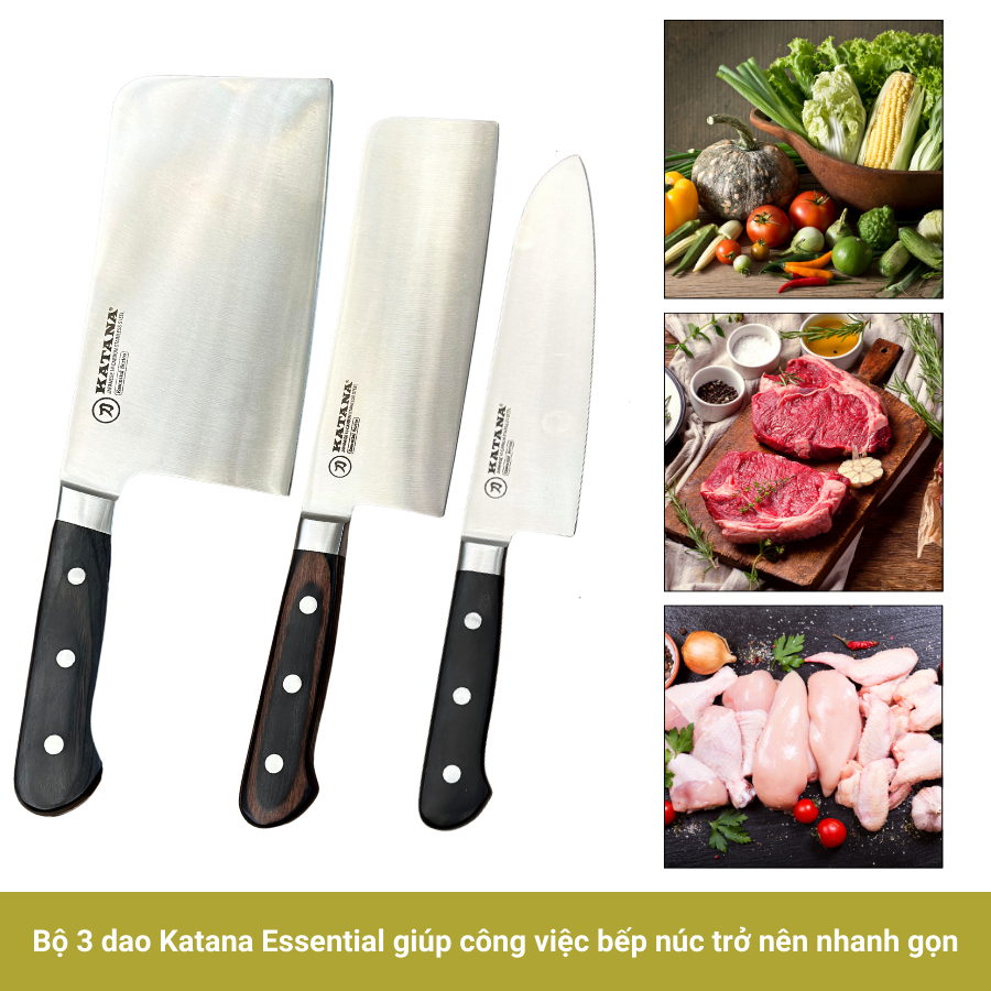 Bộ 03 Dao Bếp Cao Cấp Katana Essential - Dao Chặt 200mm & Dao Bếp Santoku 165mm & Dao Thái Nakiri 180mm – KATA201-203-206