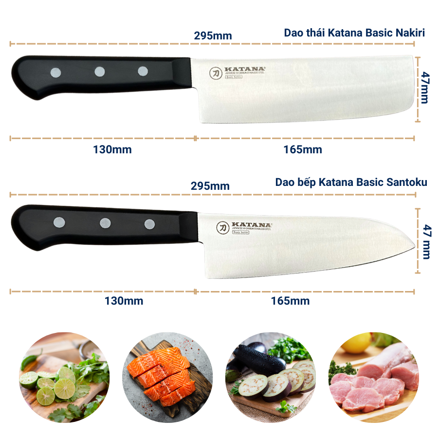 Bộ 2 Dao Katana Basic Santoku & Nakiri 165mm – Dao Thái Thịt Cá Rau Củ – KATA401 & KATA403