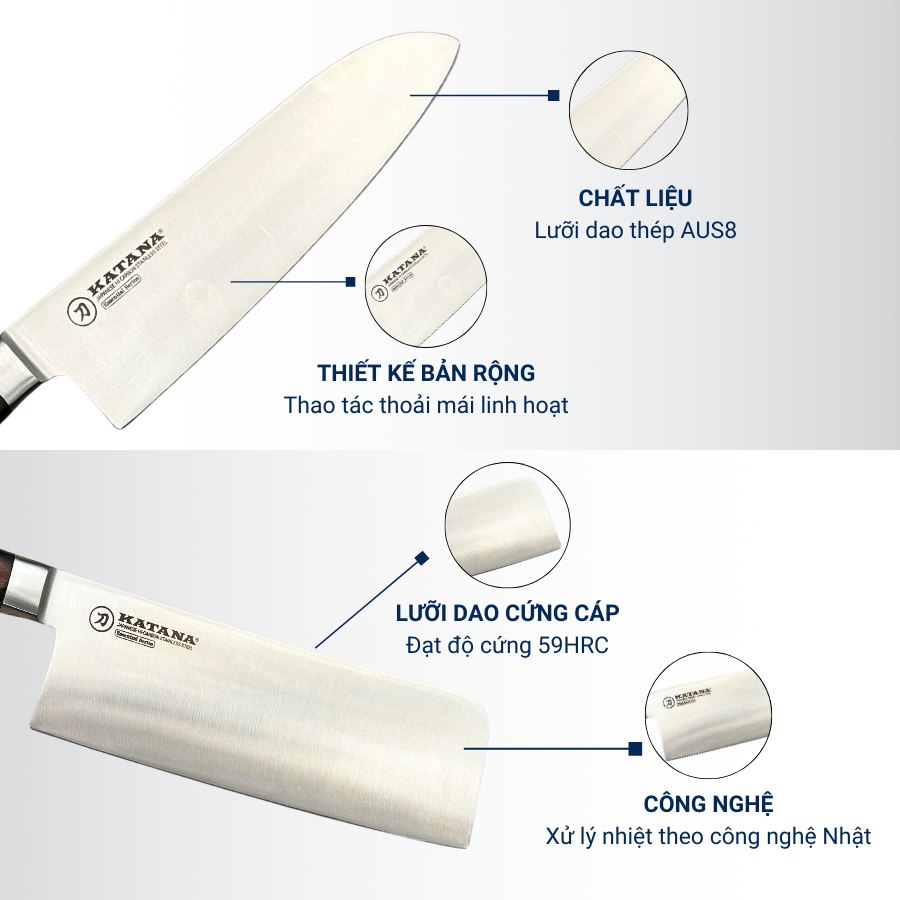 Bộ 2 Dao Katana Essential Santoku 165mm & Nakiri 180mm – Dao Thái Thịt Cá Rau Củ – KATA201 & KATA203