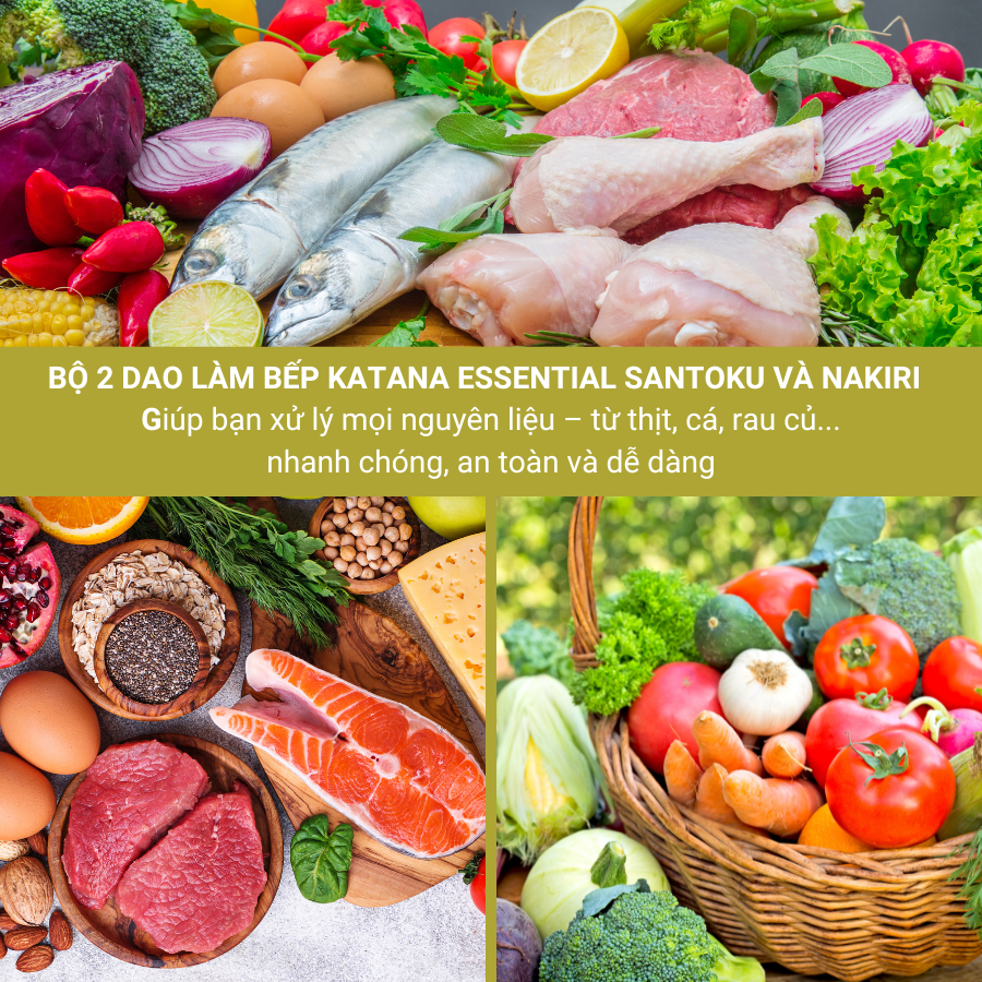 Bộ 2 Dao Katana Essential Santoku 165mm & Nakiri 180mm – Dao Thái Thịt Cá Rau Củ – KATA201 & KATA203