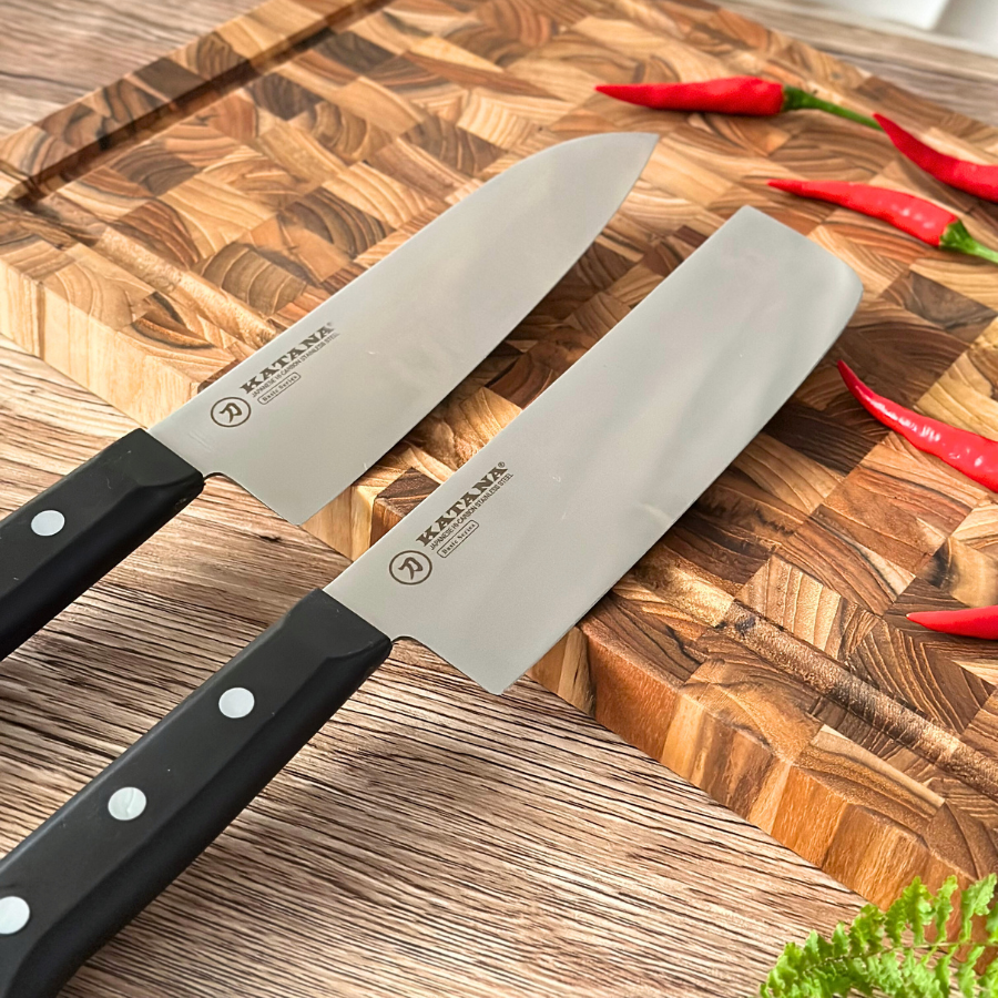 Bộ 2 Dao Katana Basic Santoku & Nakiri 165mm – Dao Thái Thịt Cá Rau Củ – KATA401 & KATA403