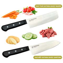 Bộ 2 Dao Katana Basic Santoku & Nakiri 165mm – Dao Thái Thịt Cá Rau Củ – KATA401 & KATA403